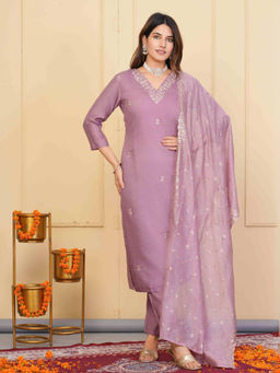 Odette - Purple Viscose Embroidered Stitched Kurta & Pant with Dupatta (Set of 3)