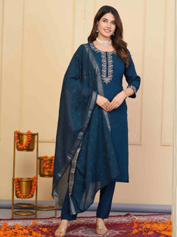 Odette - Blue Viscose Embroidered Stitched Kurta & Pant with Dupatta (Set of 3)
