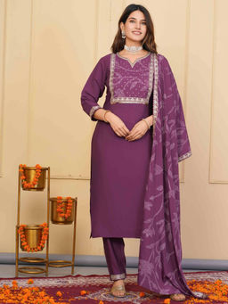 Odette - Purple Viscose Embroidered Stitched Kurta & Pant with Dupatta (Set of 3)