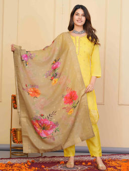 Odette - Yellow Viscose Embroidered Stitched Kurta & Pant with Dupatta (Set of 3)