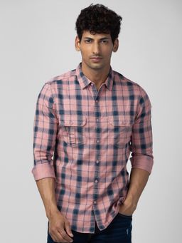 Spykar - Men Dusty Pink Cotton Slim Fit Checkered Shirt