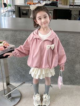 Hopscotch - Girls Pink Bow Applique Full-Sleeve Hooded Jacket