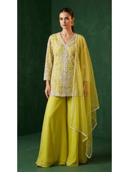 Basanti Kapde aur Koffee - Yellow Lime Etoile Embroidered Kurta with Sharara and Dupatta