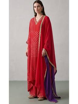 Basanti Kapde aur Koffee - Red Bandhej Kaftan with Palazzo and Dupatta