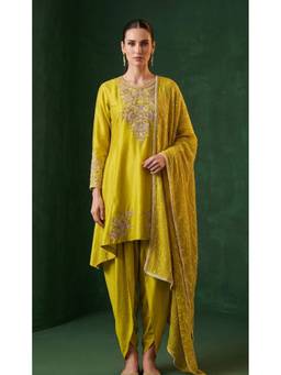 Basanti Kapde aur Koffee - Yellow Regal Lime Embroidered Kurta with Dhoti Pant and Dupatta