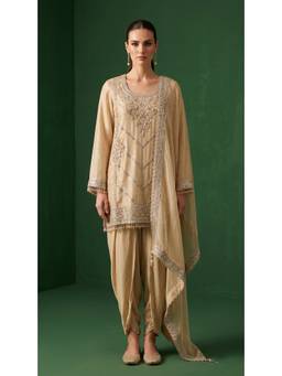 Basanti Kapde aur Koffee - Beige Pearl Cascade Embroidered Kurta with Dhoti Pants and Dupatta