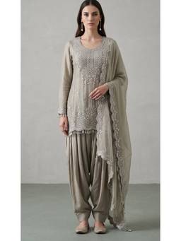Basanti Kapde aur Koffee - Grey Grey Embroidered Kurta with Draped Dhoti and Dupatta
