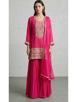 Basanti Kapde aur Koffee - Pink Embroidered Kurta with Sharara and Dupatta