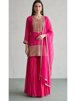 Basanti Kapde aur Koffee - Pink Stone Embroidered Kurta with Sharara and Dupatta