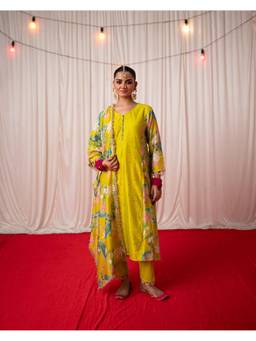 Chrkha - Green Bhado 2.0- Printed Panel Kurta and Pant with Dupatta and Potli