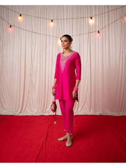 Chrkha - Pink Bhado 2.0- Yoke Embroidered Short Kurta with Pant