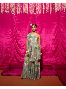 Chrkha - Bhado- Grey Printed Off-Shoulder Sharara With Kaftan and Potli