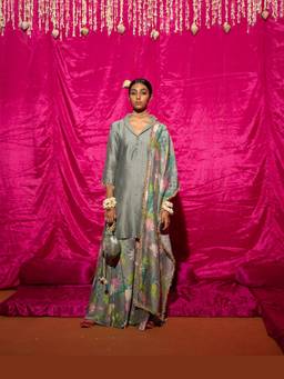 Chrkha - Bhado- Grey Printed Sharara and Kurta with Dupatta and Potli