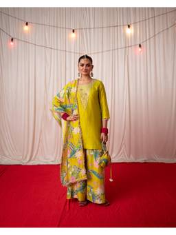 Chrkha - Green Bhado 2.0- Lime Embroidered Kurta with Sharara and Dupatta and Potli