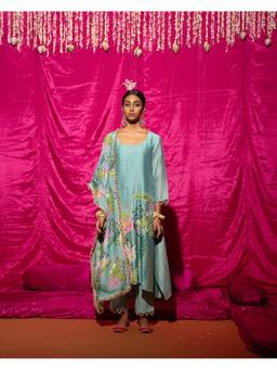 Chrkha - Bhado- Mint Printed A-Line Kurta with Pant and Dupatta