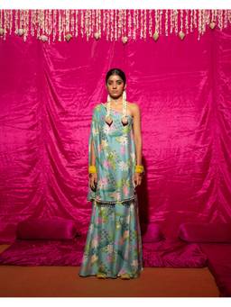 Chrkha - Bhado- Mint Printed Off-Shoulder Sharara with Kaftan and Potli