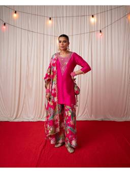 Chrkha - Pink Bhado 2.0- Embroidered Kurta and Sharara with Dupatta and Potli