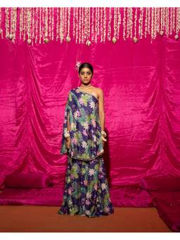 Chrkha - Bhado- Purple Printed Off-Shoulder Sharara with Kaftan
