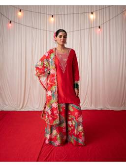 Chrkha - Red Bhado 2.0- Embroidered Kurta with Sharara with Dupatta