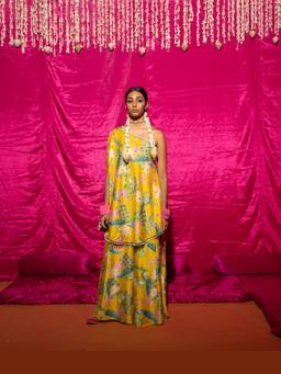 Chrkha - Bhado- Yellow Printed Off-Shoulder Sharara with Kaftan