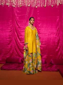 Chrkha - Bhado- Yellow Printed Sharara with Kurta and Dupatta