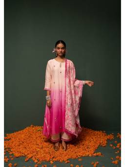 Chrkha - Masakali- Pink Ombre Assymetric Kurta with Pant and Dupatta