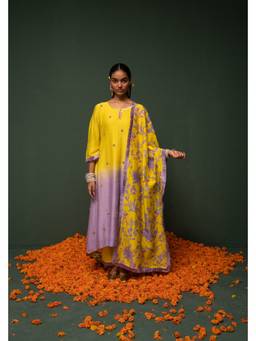 Chrkha - Masakali- Yellow Ombre Assymetric Kurta with Pant and Dupatta
