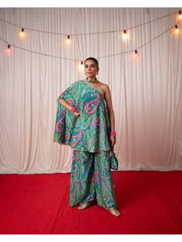 Chrkha - Paisley- Green Printed Kaftan with Sharara and Potli