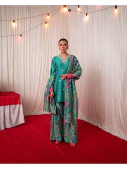 Chrkha - Paisley- Green Mirror Short Kurta with Sharara and Dupatta and Potli