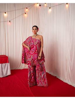 Chrkha - Paisley- Maroon Printed off Shoulder Kaftan and Sharara