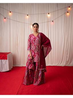 Chrkha - Paisley- Maroon Printed Kurta and Sharara With Dupatta and Potli
