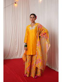 Chrkha - Paisley- Yellow Mirror Embroidered Short Kurta with Pants and Dupatta