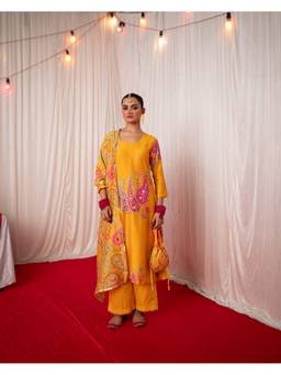 Chrkha - Paisley- Yellow Embroidered Paisley Placement Kurta with Pant and Dupatta