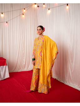 Chrkha - Paisley- Yellow Printed Kurta with Sharara and Dupatta