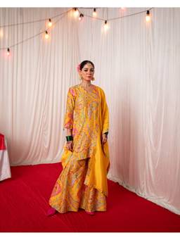 Chrkha - Paisley- Yellow Printed Kurta and Sharara with Dupatta and Potli