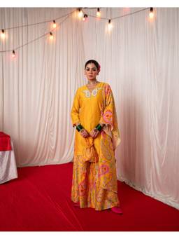 Chrkha - Paisley- Yellow Mirror Embroidered Short Kurta and Sharara with Dupatta and Potli