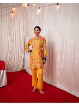 Chrkha - Paisley- Yellow Printed Short Kurta and Pants