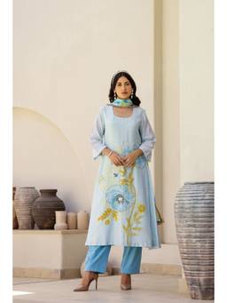 Chrkha - Garden- Blue Printed A-Line Kurta and Pant with Dupatta and Potli