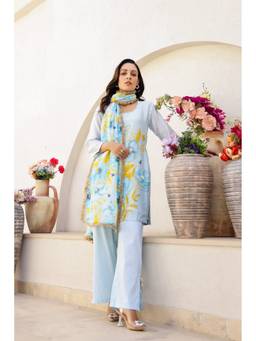 Chrkha - Garden- Blue Printed Embroidered Short Kurta and Pant with Dupatta