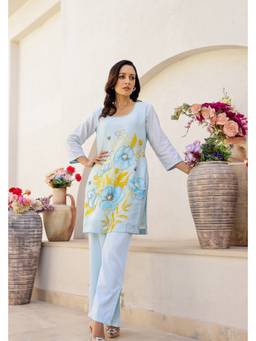 Chrkha - Garden- Blue Printed Embroidered Short Kurta and Pant