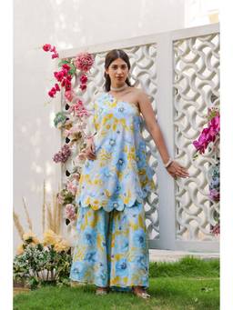 Chrkha - Garden- Blue Printed Off-Shoulder Kaftan and Sharara with Potli