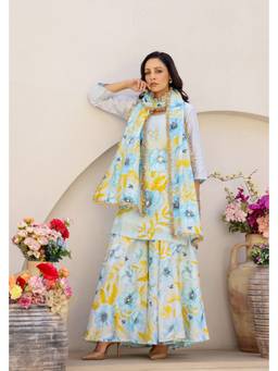 Chrkha - Garden- Blue Embroidered Printed Kurta and Sharara with Potli and Dupatta