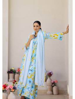 Chrkha - Garden- Blue Printed Kurta and Sharara with Dupatta