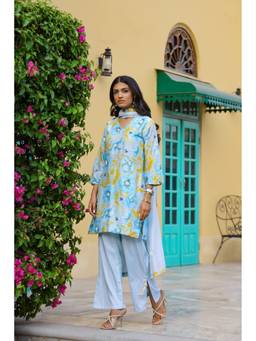 Chrkha - Ankita Raghav In Garden- Blue Printed Short Kurta with Pant and Dupatta