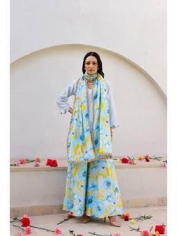 Chrkha - Garden- Blue Embroidered Solid Kurta and Sharara with Potli and Dupatta