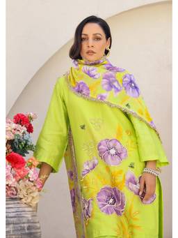 Chrkha - Garden- Green Printed Embroidered Short Kurta and Pant with Dupatta