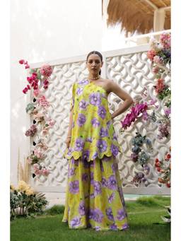 Chrkha - Garden- Green Printed Off-Shoulder Kaftan and Sharara