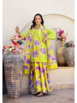 Chrkha - Garden- Green Embroidered Printed Kurta and Sharara with Dupatta