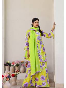 Chrkha - Garden- Green Printed Kurta and Sharara with Dupatta