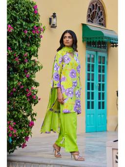 Chrkha - Garden- Green Printed Short Kurta and Pant with Dupatta
